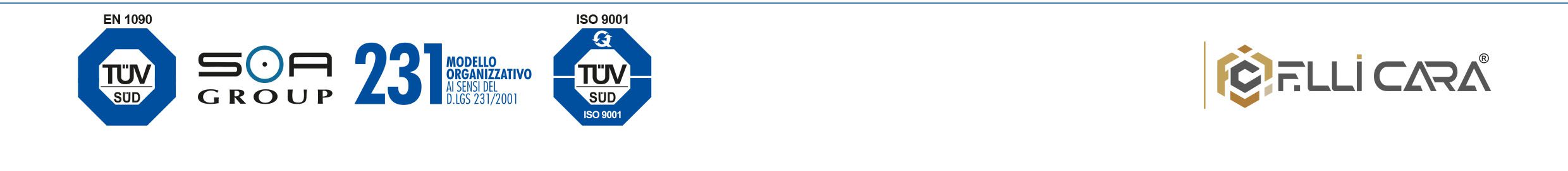 questa barra mostra i loghi delle certificazioni di cmp: en 1090 - soa group - 231 modello organizzativo e iso 9001 - inoltra mette in evidenza il logo f.lli Cara